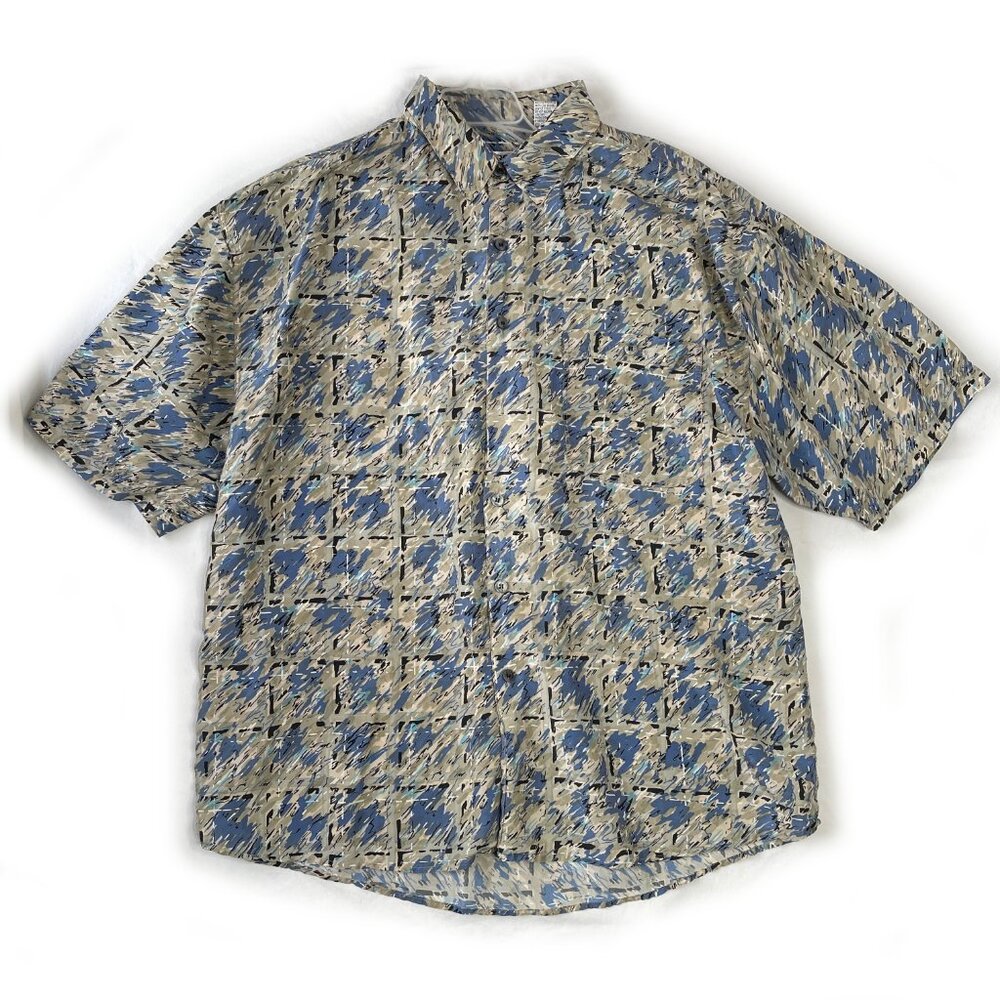 Men's Vintage Porcini Short Sleeve Silk Shirt Size XL Abstract Check Button Up